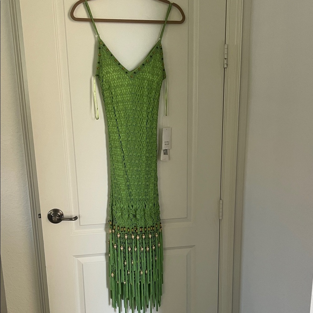 NWT Sue Wong Pistache beaded macrame Fringe Knit Dress. Sz M/L